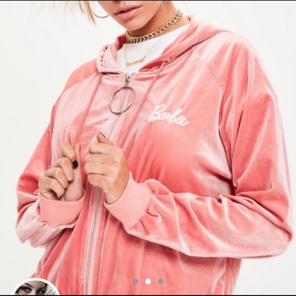 BARBIE Missguided Velvet Pink Hoodie Jacket Barbiecore - Picture 6 of 9